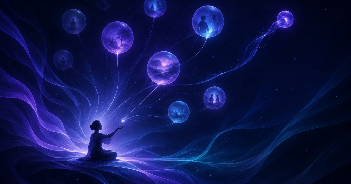 A constellation of memory orbs threaded to a seated figure, one orb released and drifting away