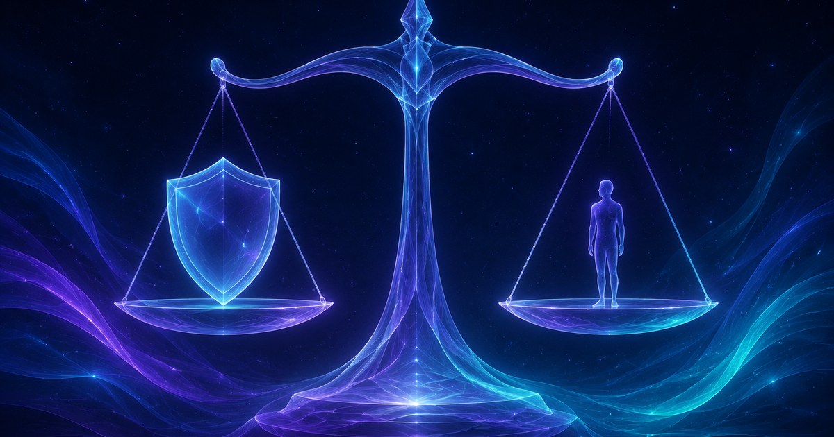 A balanced pair of scales made of light, a shield on one pan and a small figure on the other