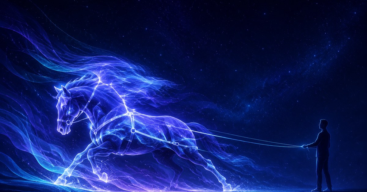 A horse of indigo and teal light wearing a glowing harness, a calm person at the right holding the reins