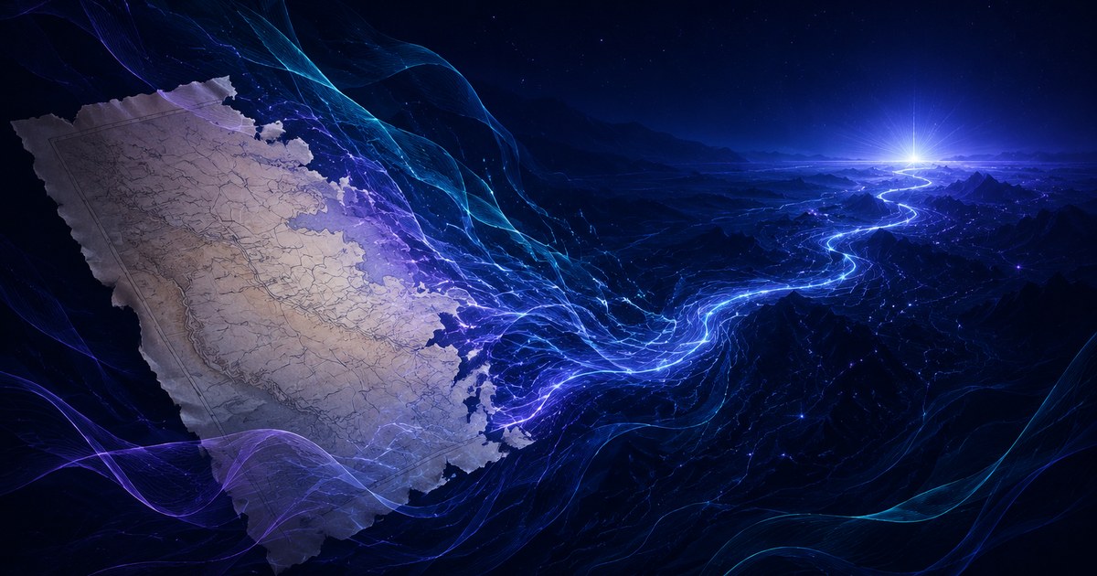 An old paper map dissolving into a living glowing route that redraws itself toward a bright destination