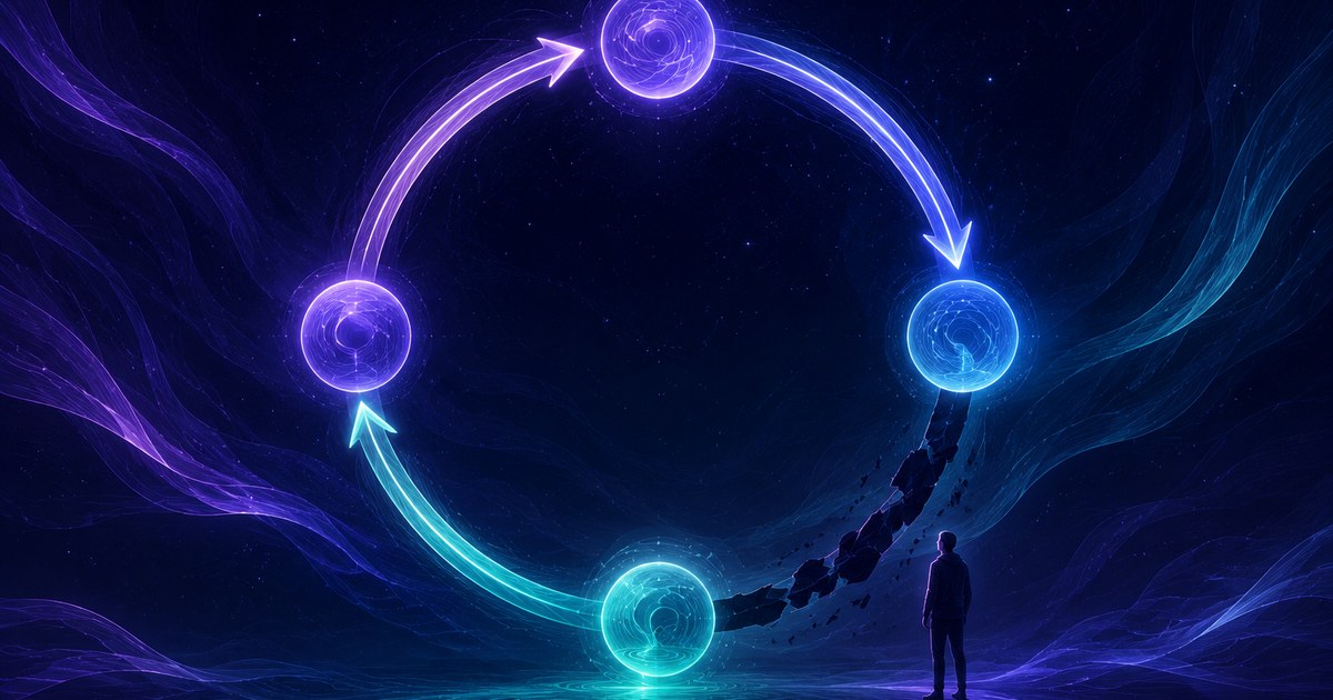 A glowing feedback loop of four nodes with one arrow dark and broken, a small figure beside the break