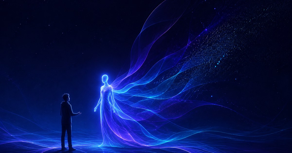 A figure speaking to a glowing companion whose trail of light dissolves into particles behind it
