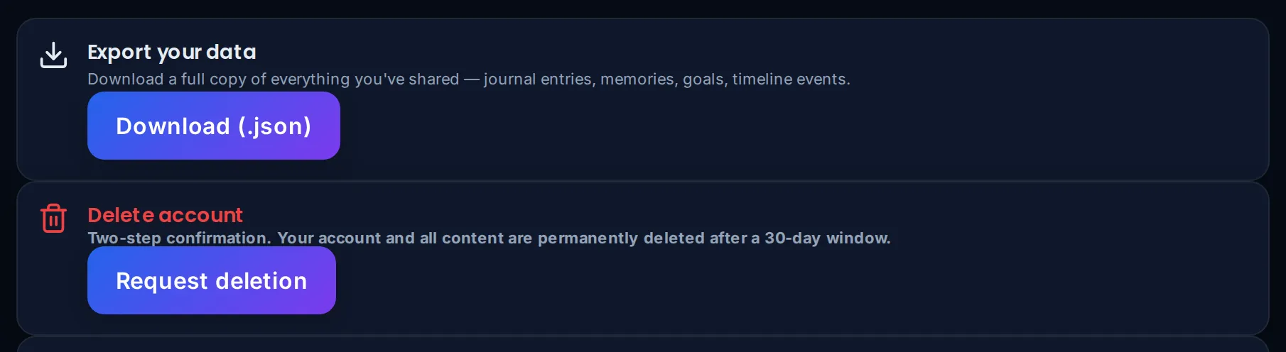 The Data + privacy section of the profile page: an 'Export your data' tile with a Download (.json) button and a 'Delete account' tile with a Request deletion button